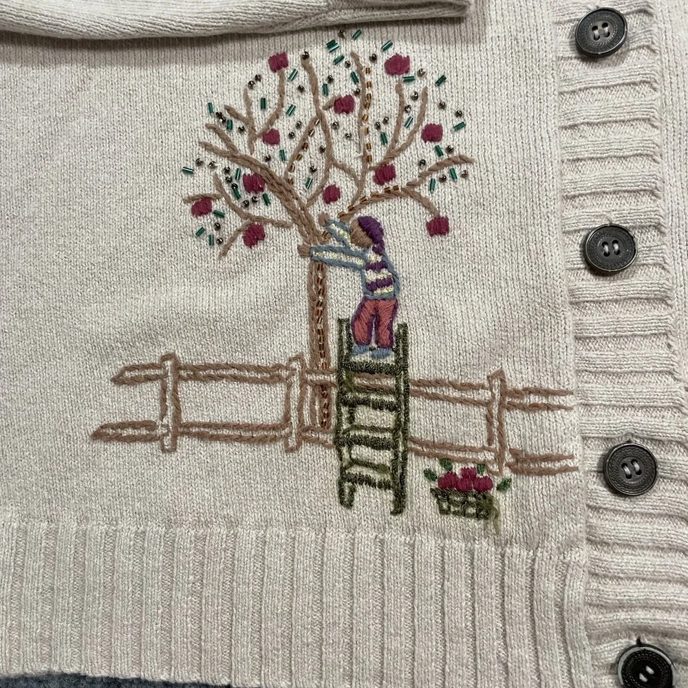 Vintage Embroidered Knit Cardigan Women's Size XL Beige Shawl Neck Cottagecore - Picture 4 of 12